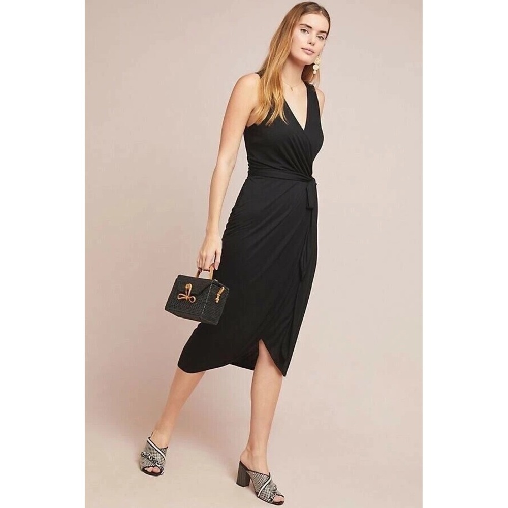 Maeve Anthropologie Black Jersey Sleeveless Wrap Midi Dress V-Neck Tie Waist S